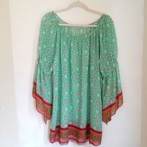 NWT Farm Girls Top Size 3XL Sheer Green Floral Bell Sleeves Boho Flowy Western